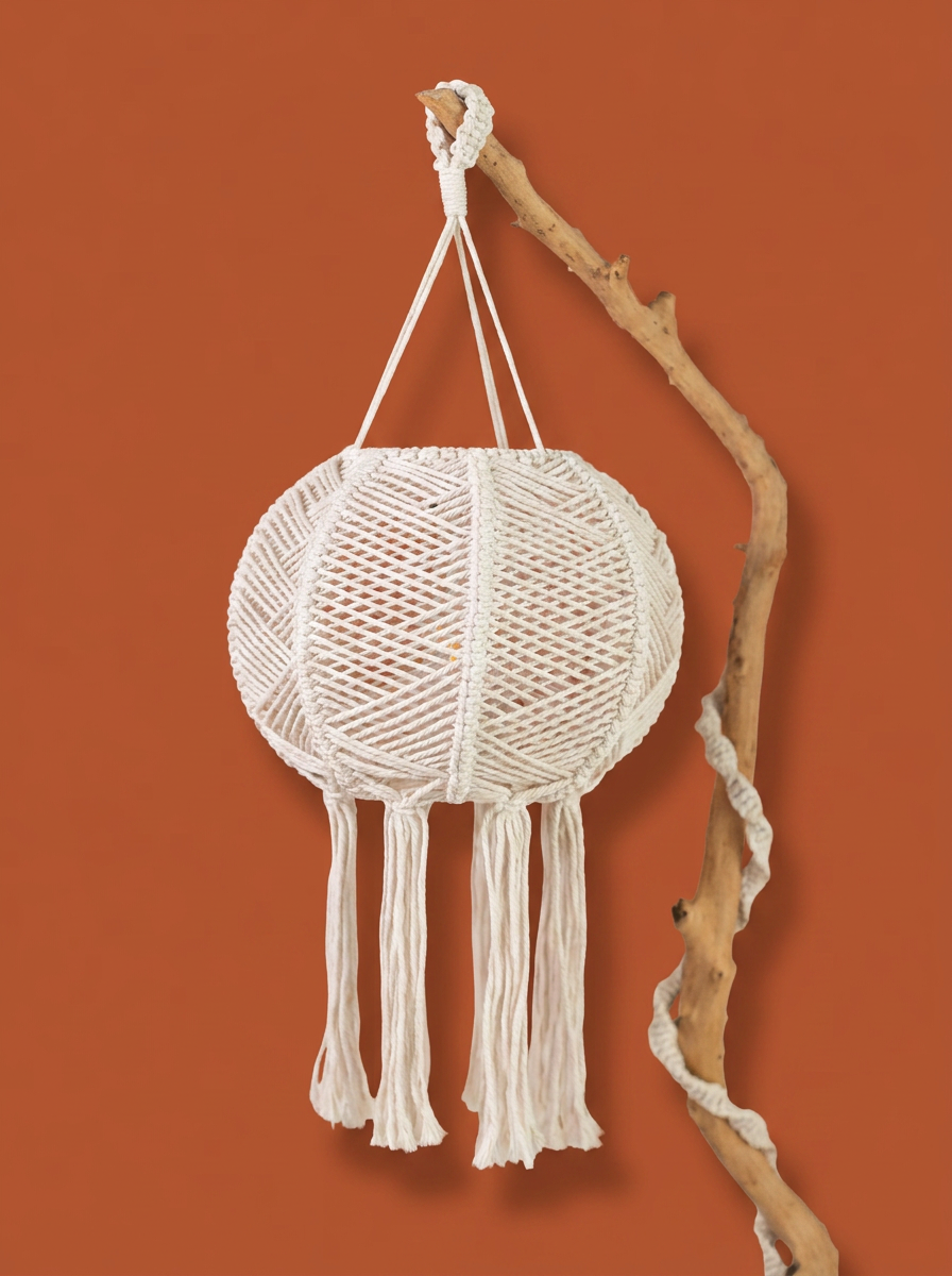 Suspension macramé Nour, cercle tissé main sur bois flotté