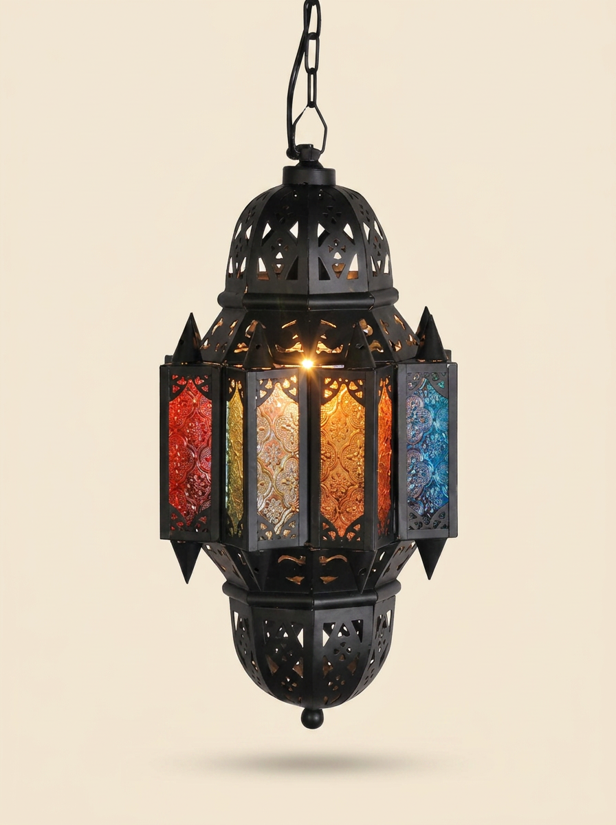 Lustre marocain Jawhara en fer forgé et verre teinté