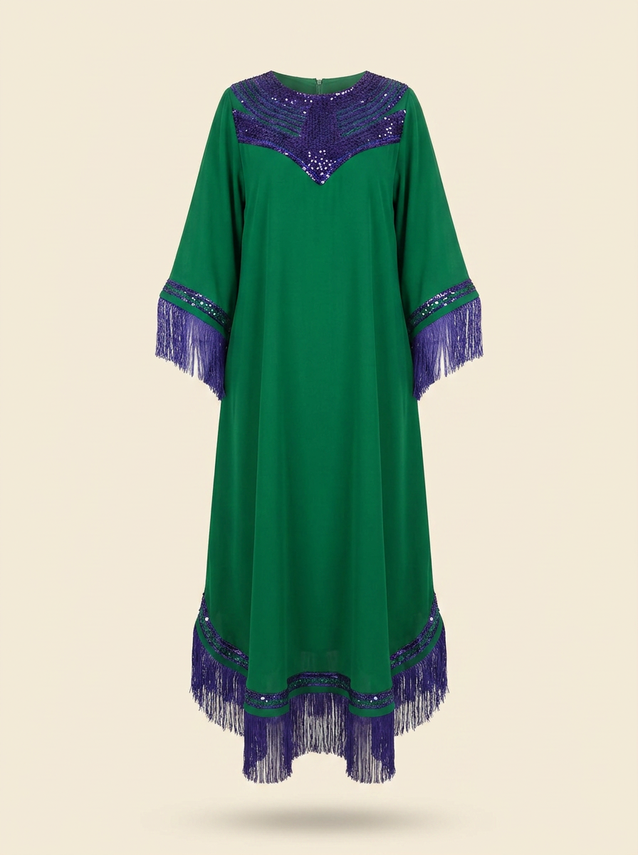 Caftan de soirée Zahra vert à sequins et franges