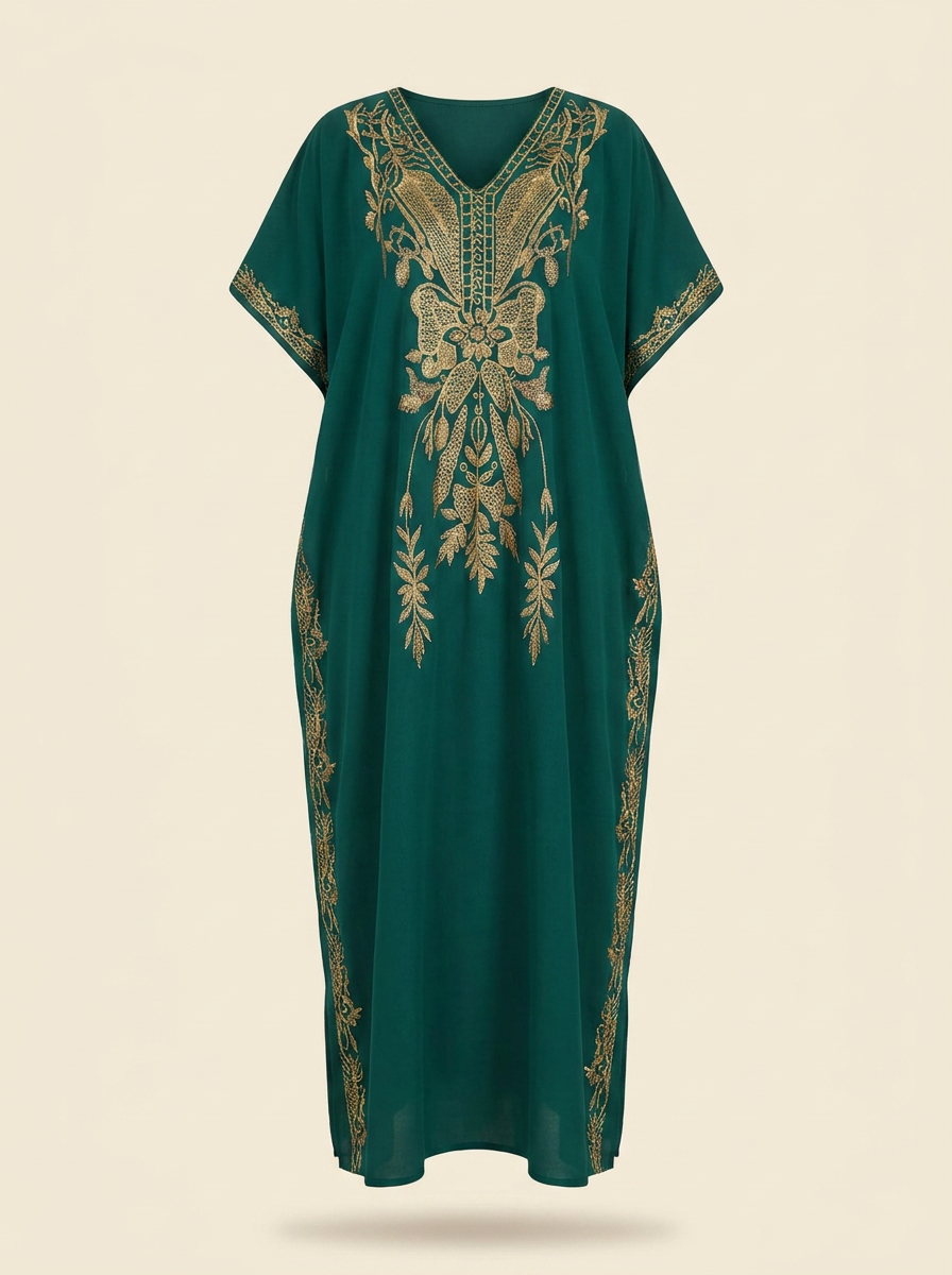 Caftan brodé Meryem vert à broderies centrales