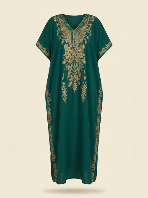 Caftan brodé Meryem vert à broderies centrales