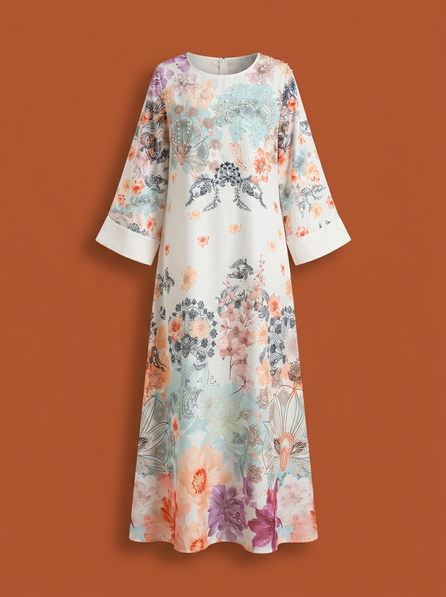 Caftan long Inès blanc à imprimé floral