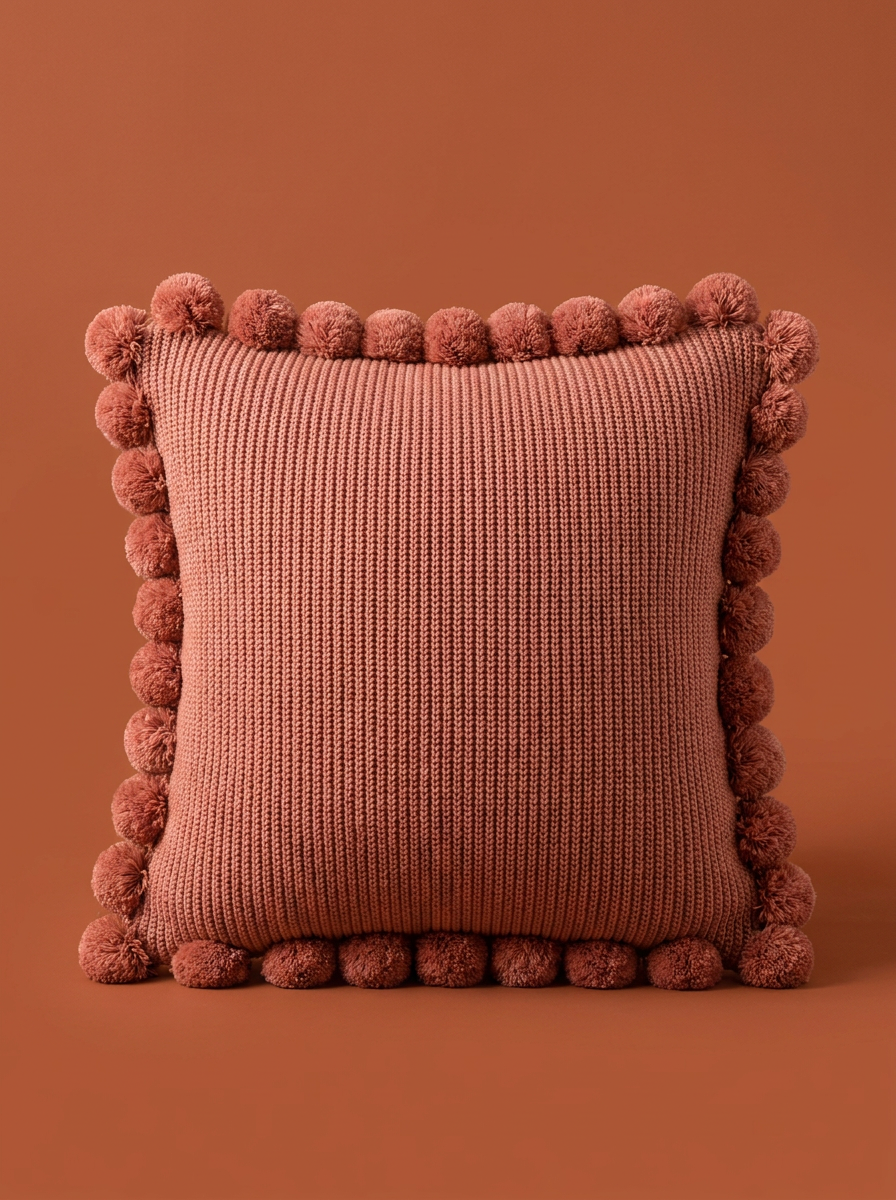 Housse de coussin tricotée Yto à franges et pompons